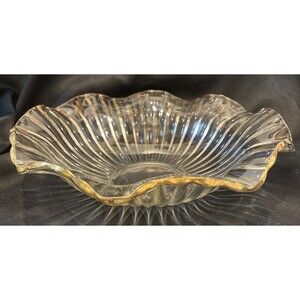 VTG MCM Large 12” Clear Glass Centerpiece Bowl Ribbed Ruffled Gold Trim Edges